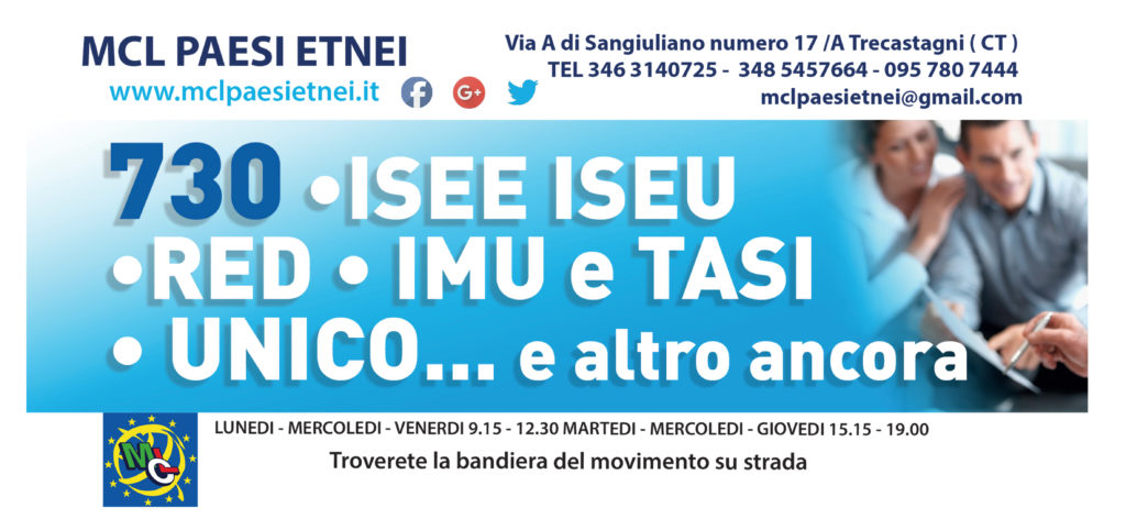 Movimento Cristiano Lavoratori Paesi Etnei Trecastagni Caf Patronato MCL PAESI ETNEI Delfo Messina Giuseppe DI Paola ISEE Invalidità 730 Dichiarazione dei redditi Trecastagni